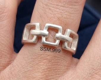 999 Pure Silver Interlocking Link Ring Handmade Geometric Square Silver Chain Ring for Men's & Women Everyday Band Gift for Mom