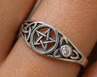999 Pure Silver Celtic Pentagram Moissanite Ring Handmade Triquetra Knot Wiccan Protection Ring Fine Silver Women Gift