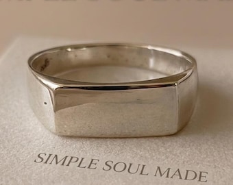 Pure Silver Rectangle Signet Ring, Minimalist Stackable Band for Men