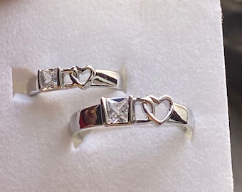 Adjustable Stainless Steel Couple Rings | Heart & CZ Promise Rings