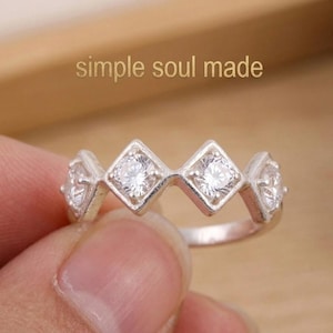 999 Fine Silver Zigzag Moissanite Band Ring, Handmade Chevron Wedding Bridal Jewelry