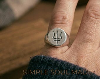 Sterling Silver 999 Trishul Signet Ring, Men's Yoga Meditation Jewelry Him