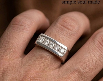 999 Fine Silver Moissanite Band Ring, 5 Stone Channel Set, Luxury Wedding Band