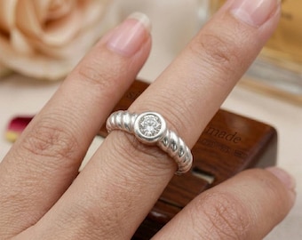 999 Silver Twisted Rope Moissanite Solitaire Ring, Handmade Bezel Set Moissanite Women Wedding Band, Round Moissanite Engagement Ring