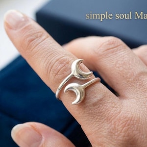 Anillo de plata 999 con doble media luna, anillo ajustable grueso de media luna para mujer, anillo envolvente celestial, regalo de joyería lunar bohemia para ella.