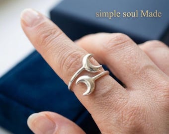 999 Silver Double Crescent Moon Ring, Chunky Half Moon Adjustable Ring for Women, Celestial Wrap Ring, Boho Moon Jewelry Gift for Her