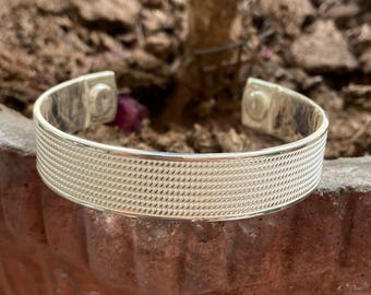 Pure 999 Silver Textured Cuff Bracelet, Wide Sterling Bangle for Women