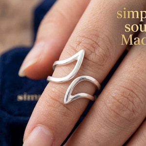 Double Band 999 Silver Wave Ring, Adjustable Wrap Ring for Women, Minimalist Leaf Open Ring, Handmade Jewelry Gift for Her