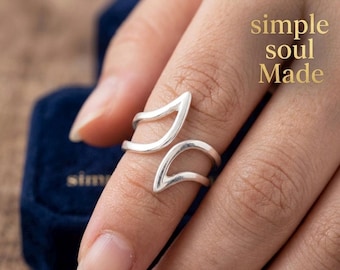 999 Silver Double Leaf Wave Ring, Adjustable Minimalist Open Band, Handmade Jewelry