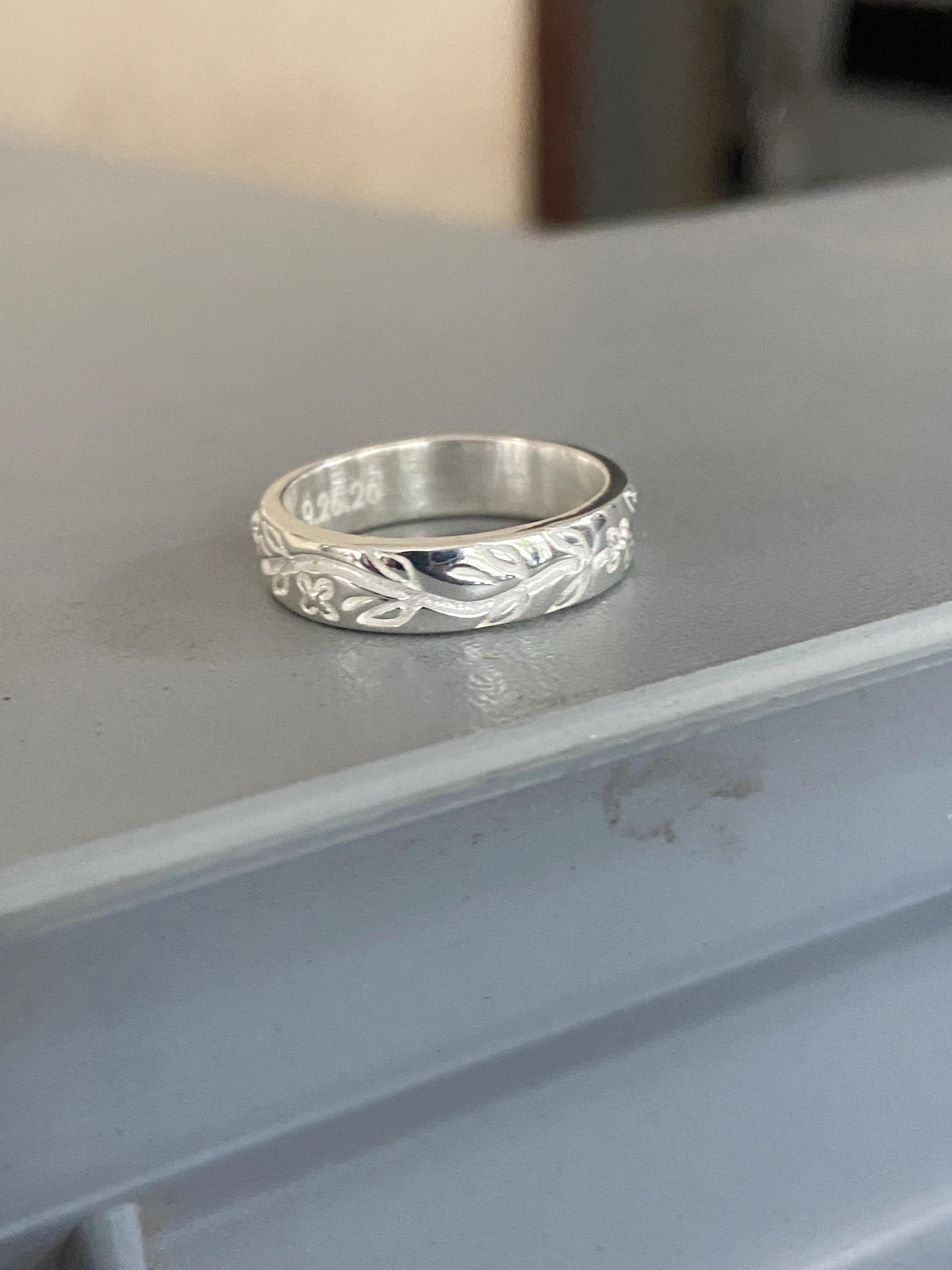 999 Pure Silver Floral Band Ring 5MM, Engraved Fine Silver, Custom Personalized Gift