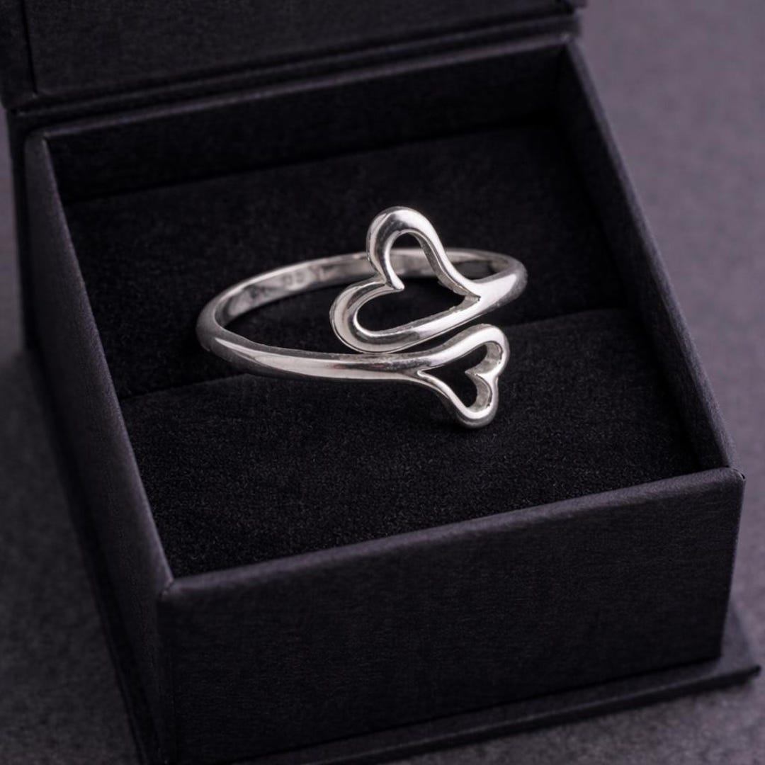Solid Silver Double Heart Bypass Ring, Adjustable Love Band, Gift