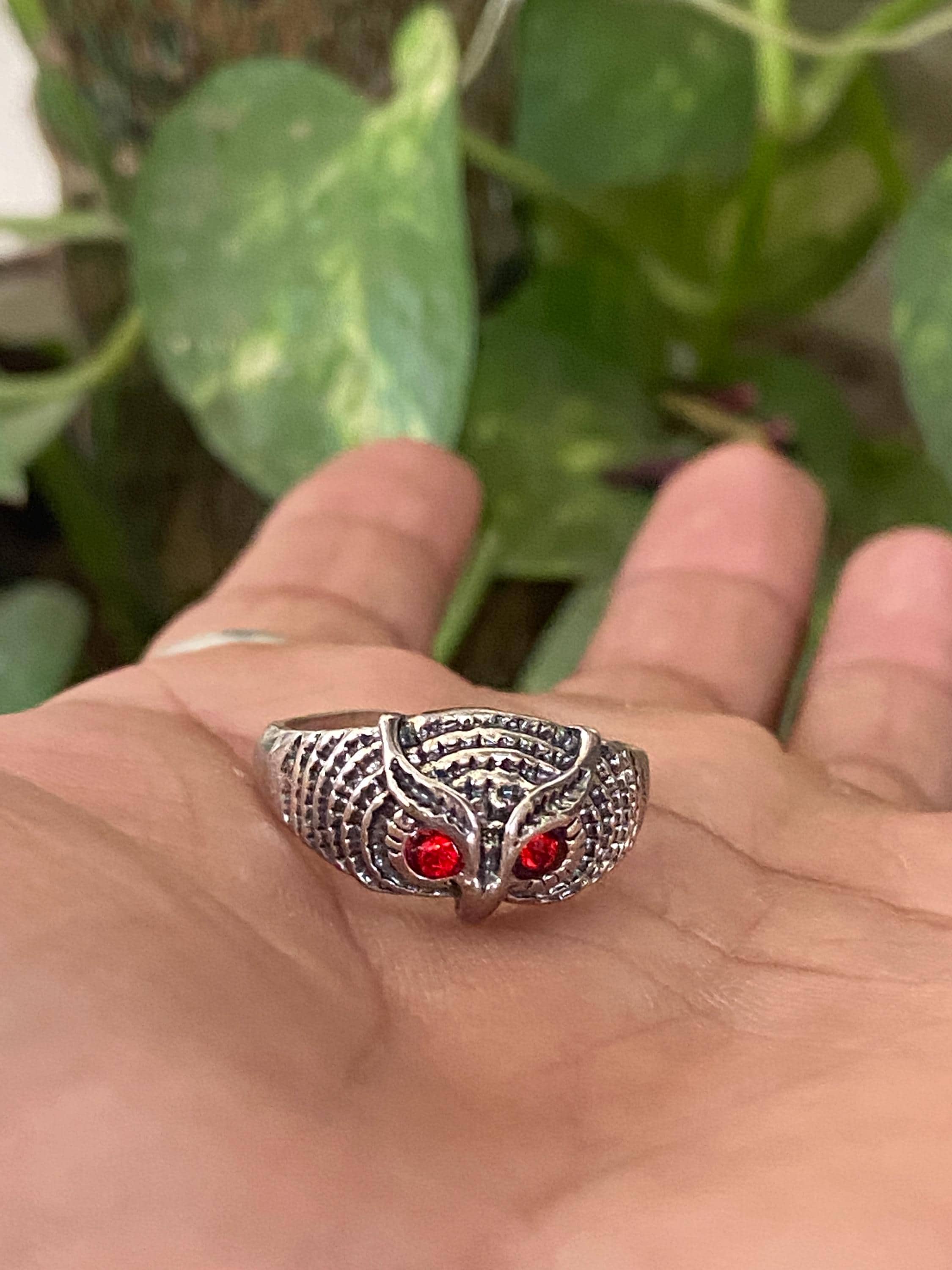 Oxidized Silver Owl Ring, Red CZ Eyes, Adjustable Boho Ring