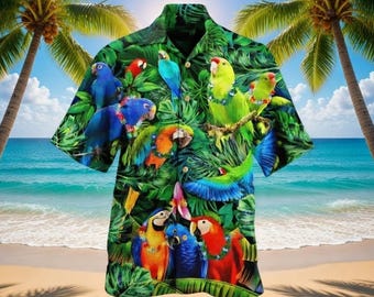 Camisa havaiana com estampa de papagaio, camisa havaiana tropical com botões para família de pássaros, camisa havaiana floral de verão com papagaio, camiseta tropical colorida com arara e tucano