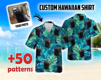 Camisa havaiana personalizada com botões, estampa de folhas tropicais e rosto de animal de estimação, camisa havaiana tropical personalizada com foto do seu pet, camisa com estampa tropical para as festas de fim de ano.