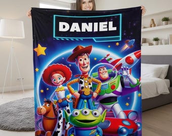 Koc z imieniem Toy Story i Przyjaciele, spersonalizowany koc z weluru Toy Story, prezent miłosny z kreskówek, koc z motywem filmów animowanych