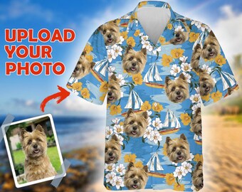 Camisa havaiana personalizada com botões e foto do seu cachorro, camisa havaiana tropical personalizada com foto do seu pet, camisa de verão com retrato fotográfico, camisa havaiana com a foto do seu cachorro de estimação