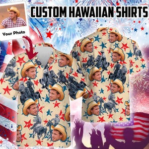 Könnte beinhalten: Individuelle Hawaiihemden mit Cowboy-Motiv. Die Hemden zeigen ein sich wiederholendes Muster aus Cowboys, roten Sternen und blauen Sternen auf cremefarbenem Hintergrund. Die Hemden haben ein Foto einer Person mit Cowboyhut. Der Text "Custom Hawaiian Shirts" steht oben.