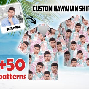 Könnte beinhalten: Individuelles Hawaiihemd mit einem sich wiederholenden Muster aus Gesichtern und Ananas in Rosa, Blau und Grün. Das Hemddesign wird mit dem Text "CUSTOM HAWAIIAN SHIRT" und "+50 patterns" angezeigt. Ein Foto wird mit dem Text "YOUR PHOTO" angezeigt.