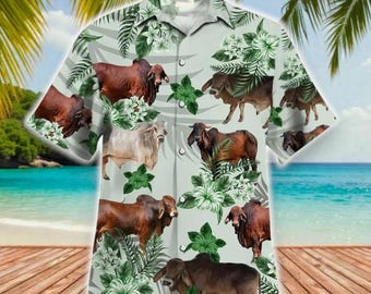 Camisa Havaiana Brahman Hibiscus, Camisa Havaiana Tropical Brahman, Presentes para Amantes de Vacas de Fazenda, Camisas Havaianas com Botões de Vaca, Camisa de Verão para Amantes de Animais
