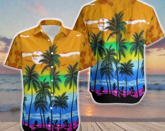 Camisa havaiana Sunset Beaches, Camisa havaiana tropical Pride Beach Party, Camisas havaianas com botões e palmeiras na praia, Camisas de verão Sunset