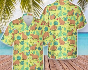 Camisa havaiana com capivara, camisa havaiana tropical fofa com capivara, camisa havaiana de verão com estampa de animais selvagens, presentes para amantes de animais, camisa havaiana com botões de capivara