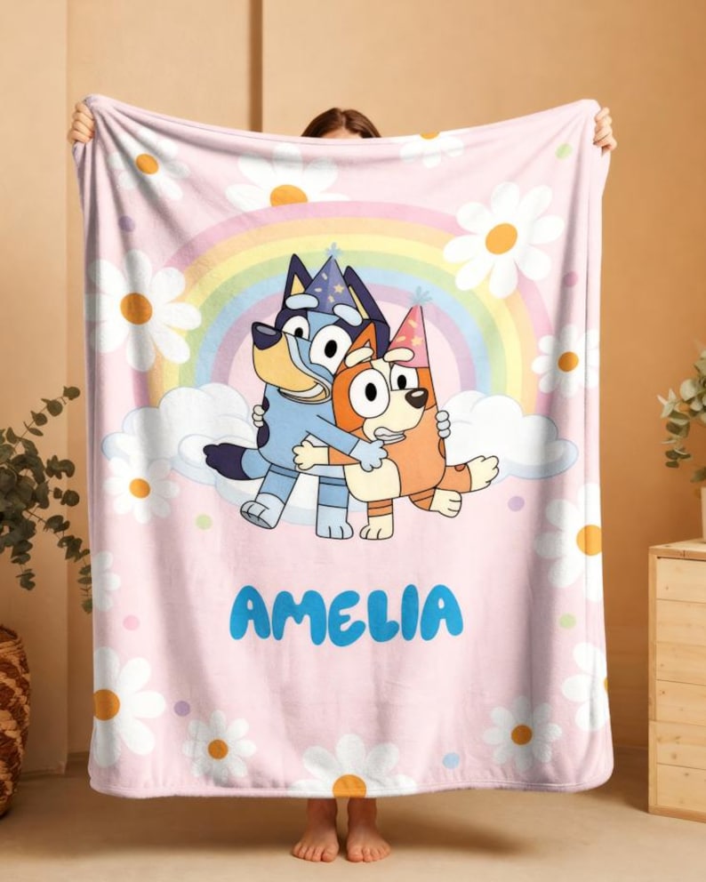 Anpassad blå hundfilt, personlig namnfilt med tecknad film, födelsedagsfilt för pojke och flicka, blå hundkärleksgåva, babyfilt bild 3