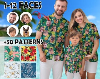 Camisa havaiana personalizada com foto tropical e botões, camisa havaiana personalizada com foto do rosto na praia, camisa com estampa tropical para férias, camisa havaiana com foto da família.