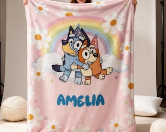 Custom Name Blue Dog Blanket, Personalized Name Cartoon Blanket, Birthday Boy Girl Blanket, Blue Dog Love Gift, Baby Blanket