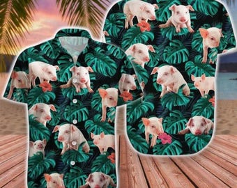 Camisa havaiana com porquinho, Camisa havaiana tropical rosa com porquinho, Camisas havaianas com botões de animais de fazenda, Camisas fofas de verão com porquinho, Camisas havaianas florais para amantes de porquinhos