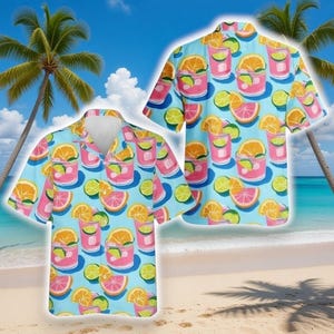 Hawaii-skjorta med tropisk drink, Hawaii-skjorta med tropiska knappar för cocktail, skjorta med tropisk cocktail, öl, Aloha-skjorta med knappar, unisexskjorta för stranddrink