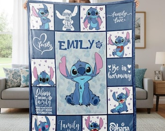 Custom Name Stitch Blanket, Personalized Name Cartoon Blanket, Birthday Boy Girl Blanket, Stitch Blanket Gifts For Kids, Name Plush Throw