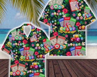 Camisa havaiana com botões de jogador de bingo, camisa havaiana tropical de bingo, camisa havaiana de verão com botões para noite de jogos da sorte em cassino, camisa havaiana com bolas de bingo da sorte