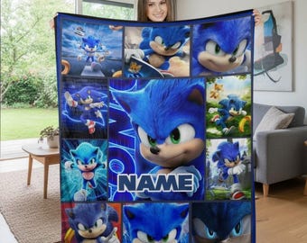 Custom Name The Hedgehog Blue Blanket, Personalized Name Cartoon Hedgehog Blanket, Hedgehog Cartoon Blanket For Kids