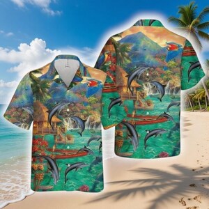 Könnte beinhalten: Kurzärmeliges Button-Down-Hemd mit tropischem Design. Das Hemd zeigt einen lebendigen Druck von Delfinen, Papageien, Wasserfällen und Hütten auf türkisfarbenem Hintergrund. Das Hemd wird an einem Sandstrand mit Palmen präsentiert.