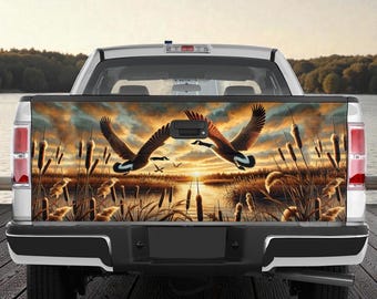 Adesivo para porta-malas com estampa de gansos voando, adesivo para porta-malas com tema de caça de patos, adesivo para carro com tema de caçador de patos, adesivo de gansos voando ao nascer do sol