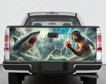 Adesivo para porta-malas de carro com Jesus lutando contra um tubarão, adesivo cristão para porta-malas de carro com a imagem de Jesus, adesivo para carro com a imagem da vida de Jesus, decoração para envelopamento de caminhonete com temática cristã.