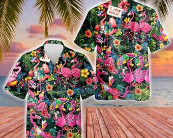 Camisa havaiana com pássaro rosa, Camisa havaiana tropical com flamingo, Camisa havaiana de verão com flores de flamingo, Camisa com botões de coco e flamingo, Camisas com animais