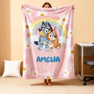 Anpassad blå hundfilt, personlig namnfilt med tecknad film, födelsedagsfilt för pojke och flicka, blå hundkärleksgåva, babyfilt bild 2