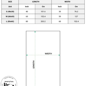 May include: A white fleece blanket size chart with measurements in inches and centimeters. The chart includes sizes S (40x30 inches), M (60x50 inches), and L (80x60 inches). The image also shows a diagram of the blanket's length and width.
