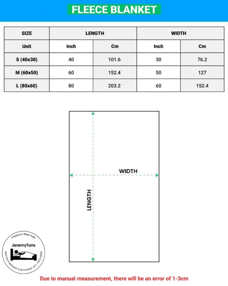 May include: A white fleece blanket size chart with measurements in inches and centimeters. The chart includes sizes S (40x30 inches), M (60x50 inches), and L (80x60 inches). The image also shows a diagram of the blanket's length and width.