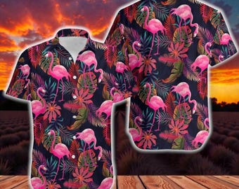 Camisa havaiana com flamingo, Camisa havaiana tropical com pássaro, Camisa havaiana rosa de verão com flamingo, Presentes para amantes de flamingos, Camisas tropicais de verão com pássaro