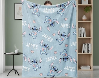 Cobertor de desenho animado com nome personalizado, cobertor infantil com nome personalizado, cobertor Lilo Stitch, presentes de aniversário, presentes de amor com desenho animado
