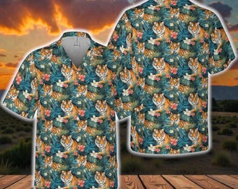 Camisa havaiana com estampa de tigre, camisa havaiana tropical com animais selvagens, camisa havaiana de verão com tema de vida selvagem, presentes para amantes de tigres, camisa havaiana com botões de tigre