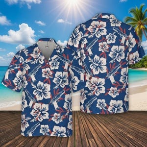 Gun Blue Hawaii Shirt, Gun Hibiscus Flowers Tropical Button Hawaii Shirt, Tropical Gun Aloha Button Shirt, Patriotic Red White Blue Shirt