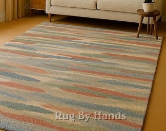 Hand-Tufted New Zealand Wool Rug: Abstract Brushstroke Striped Area Rug