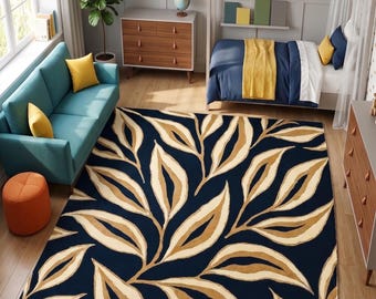 Hand-Tufted Botanical Wool Rug: Navy Blue & Gold Art Deco