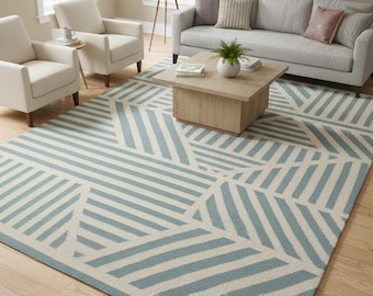 Alfombra Kilim de lana tejida a mano / Durrie con rayas geométricas azules