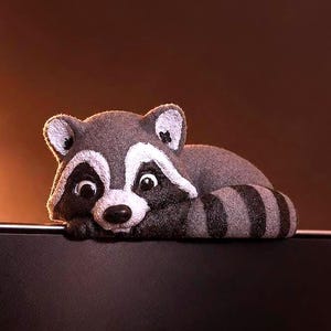 May include: A small, textured gray and white raccoon figurine with a striped tail, wide eyes, and a black nose, designed to rest on the top edge of a flat surface like a computer monitor or a shelf, featuring a soft, felt-like appearance.
