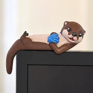 Otter Monitor Buddy Desk Decor Cute Computer Screen Topper Otter with Clam or Conch Shell Office Gift for Otter Lovers