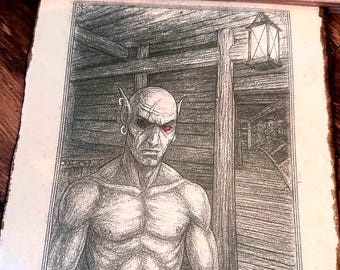 Scarred Dark Elf Prisoner Portrait TES on Vintage Cotton Parchment Wall Art